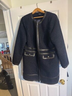 Womens Navy Wool Blazer/Coat with Faux Leather Trim